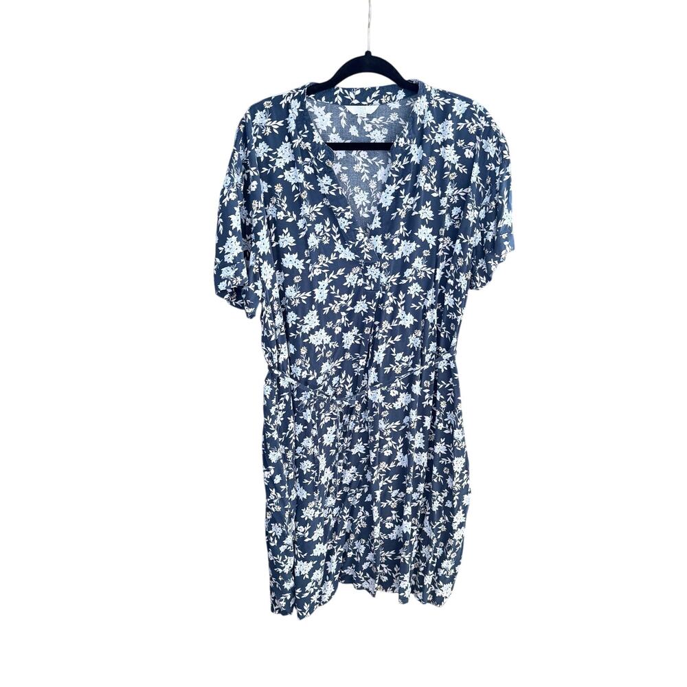 Navy blue floral button front shirt dress with belt tie XL 16 cottagecore rayon